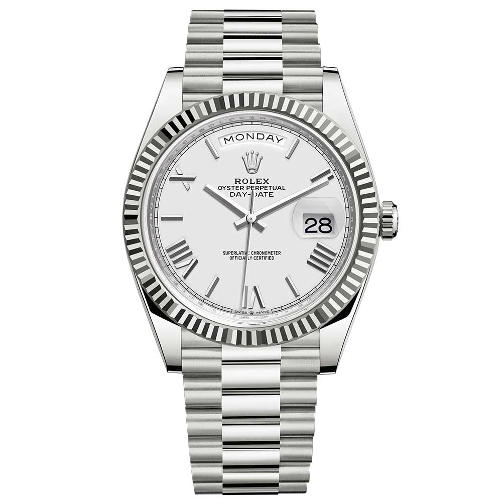 Rolex Day-Date 40MM White Dial Oyster White Gold Fluted Bezel President Bracelet REF#228239