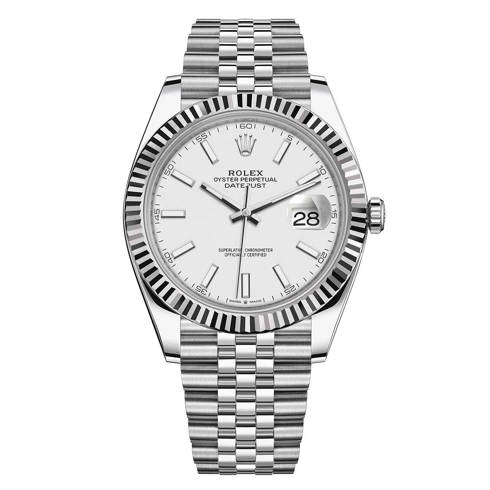 Rolex DateJust 41MM White Dial Oystersteel and White Gold Fluted Bezel Jubilee Bracelet REF#126334